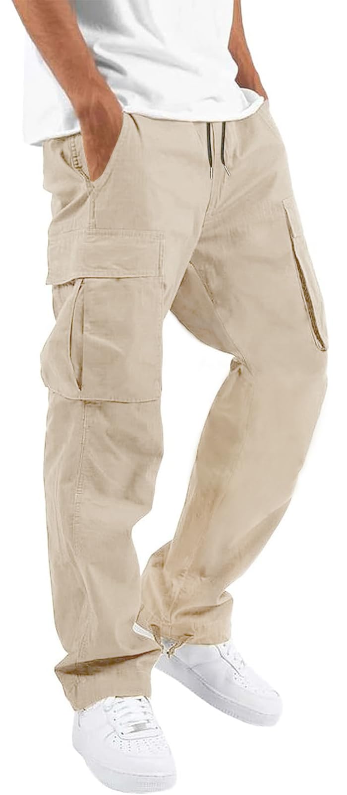 HUNGSON Mens Cargo Pants Drawstring Casual Hiking Pants Joggers Athletic Trousers Cotton Loose Straight Sweatpants for Men